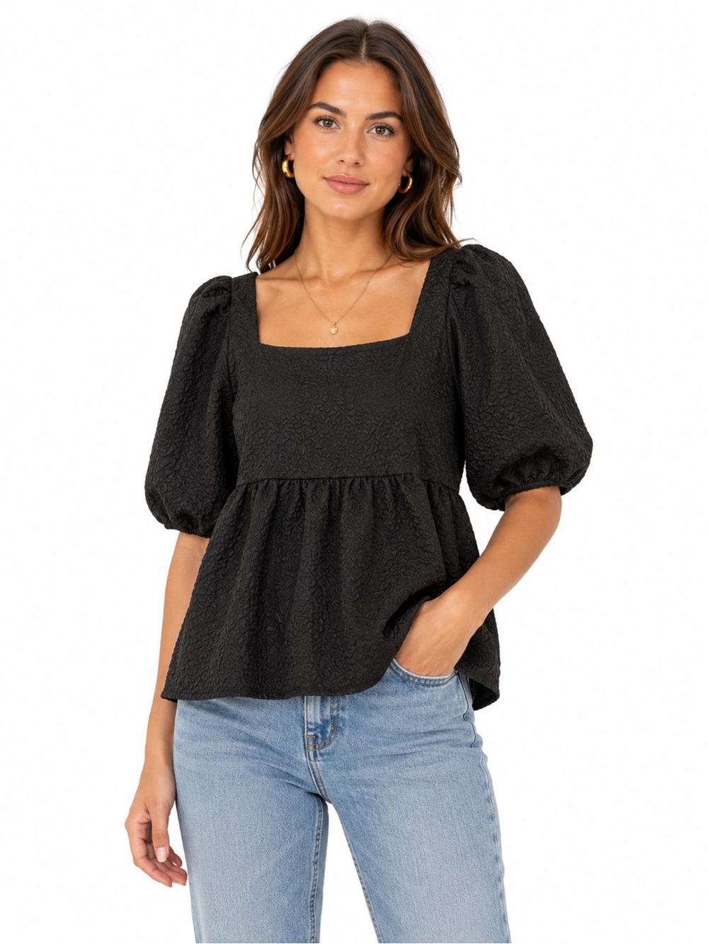EUC‎ T&C Apparel Size Large  Black Textured Women's Babydoll Peplum Top